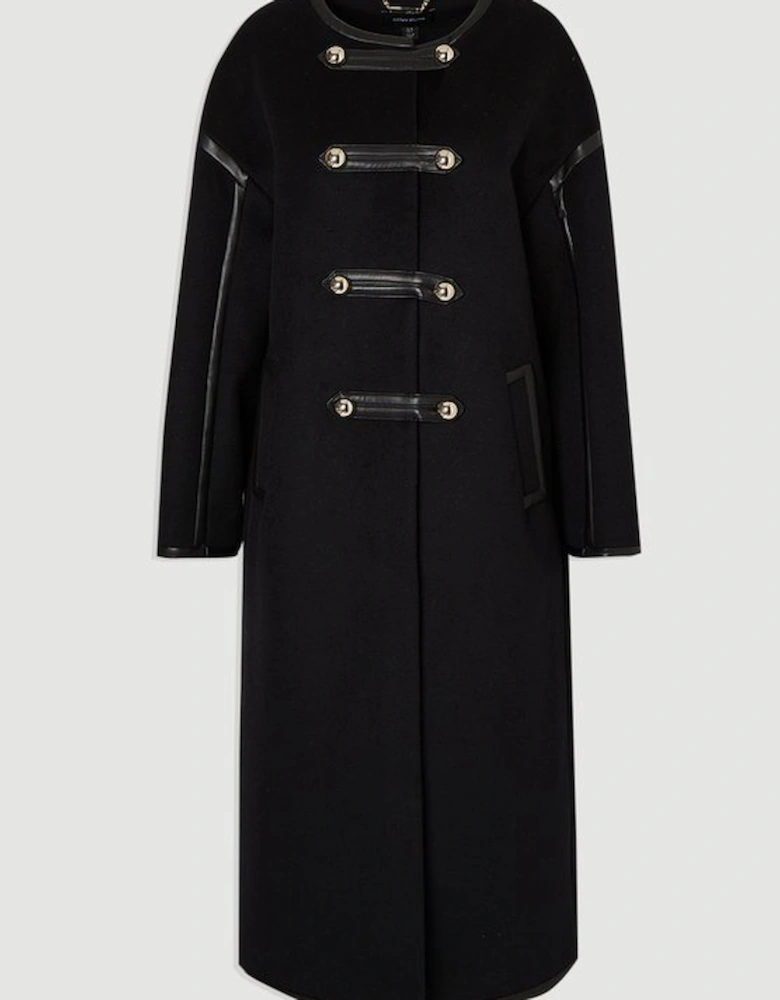 Brushed Wool PU Mix Tailored Collarless Midi Coat