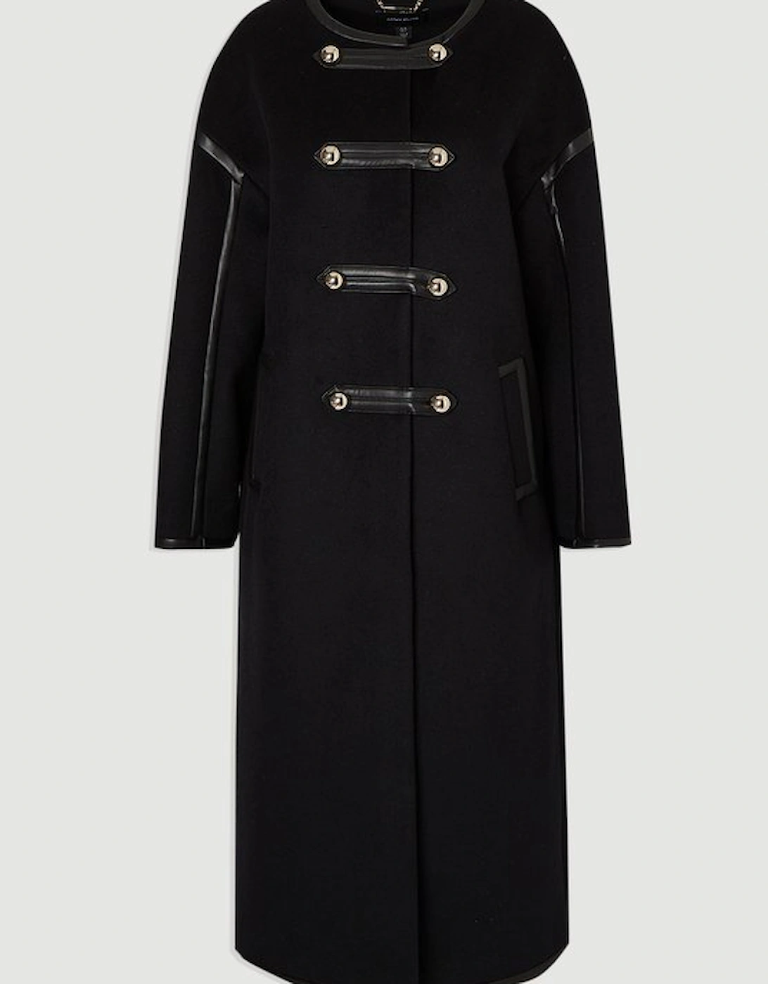 Brushed Wool PU Mix Tailored Collarless Midi Coat