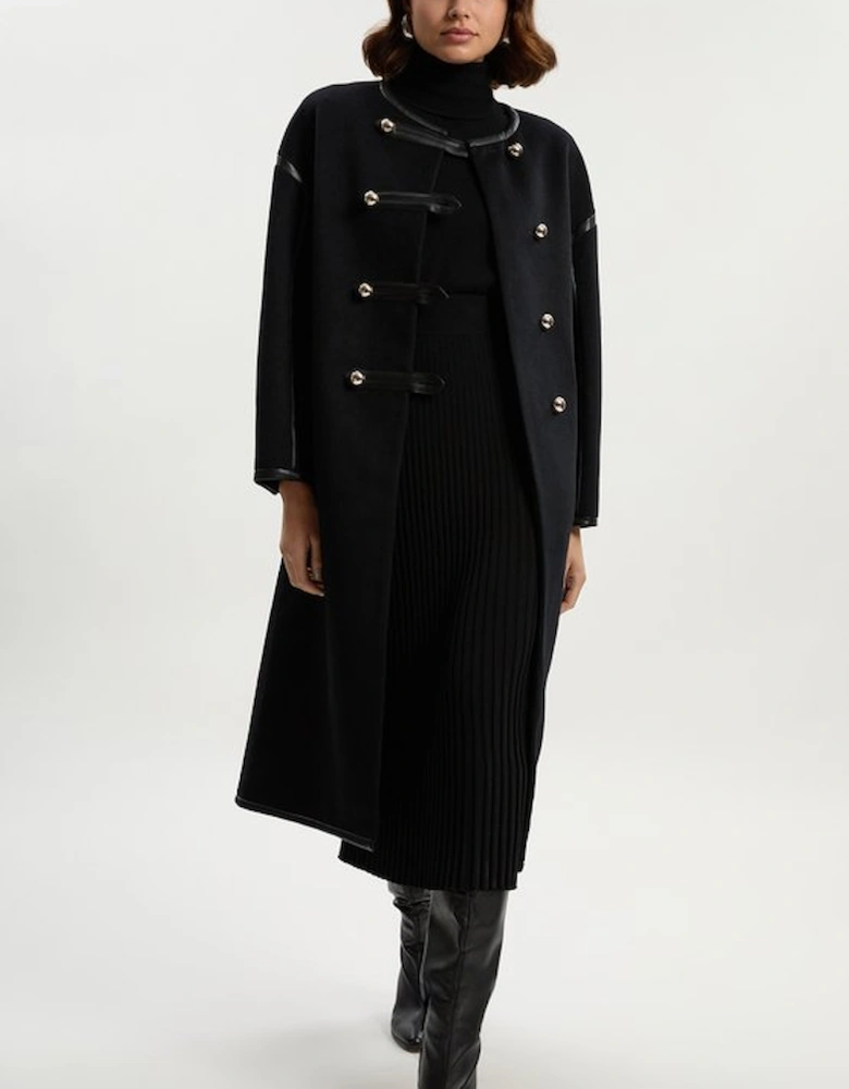 Brushed Wool PU Mix Tailored Collarless Midi Coat