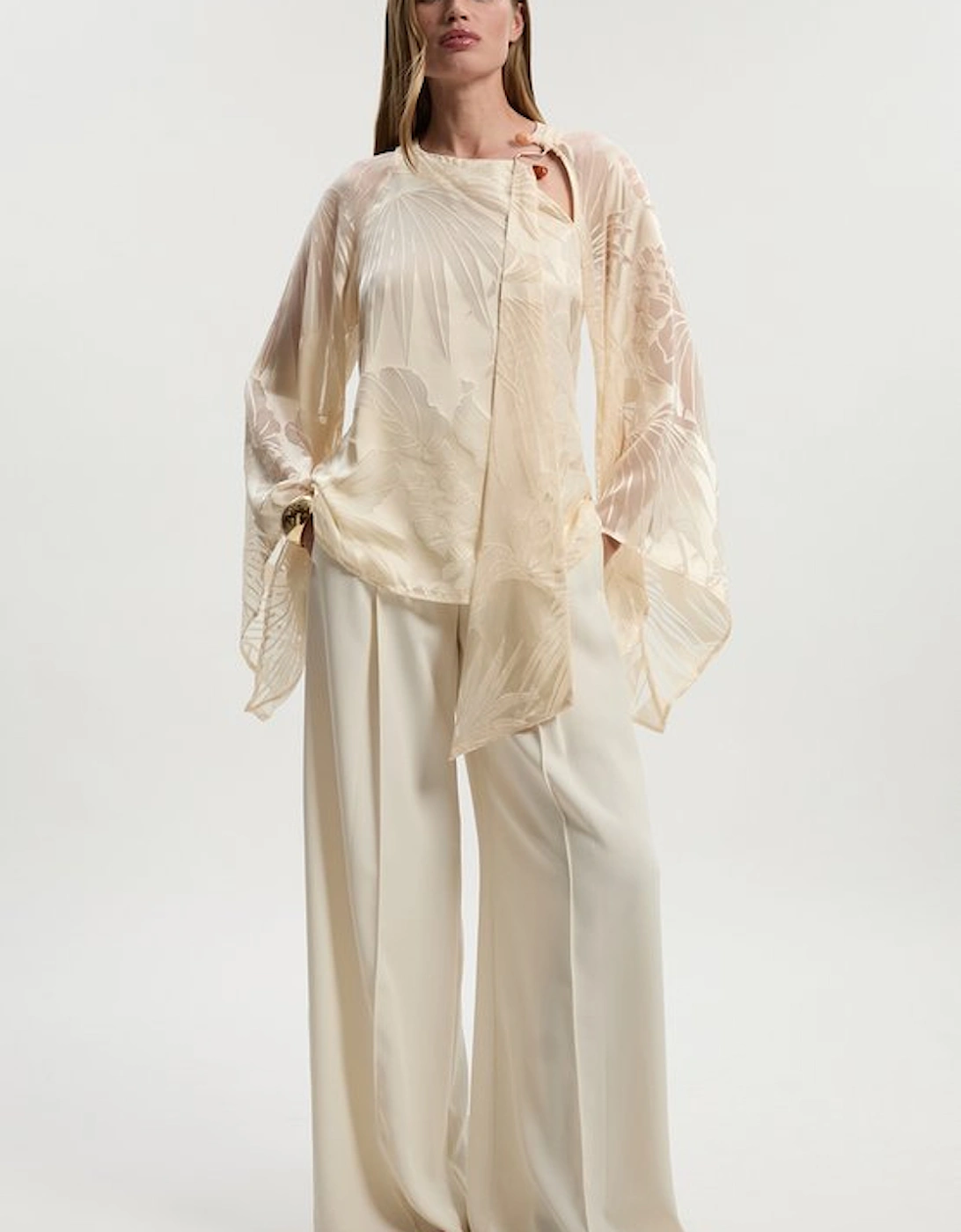 Devoure Flared Sleeve Woven Blouse With Trim Detail