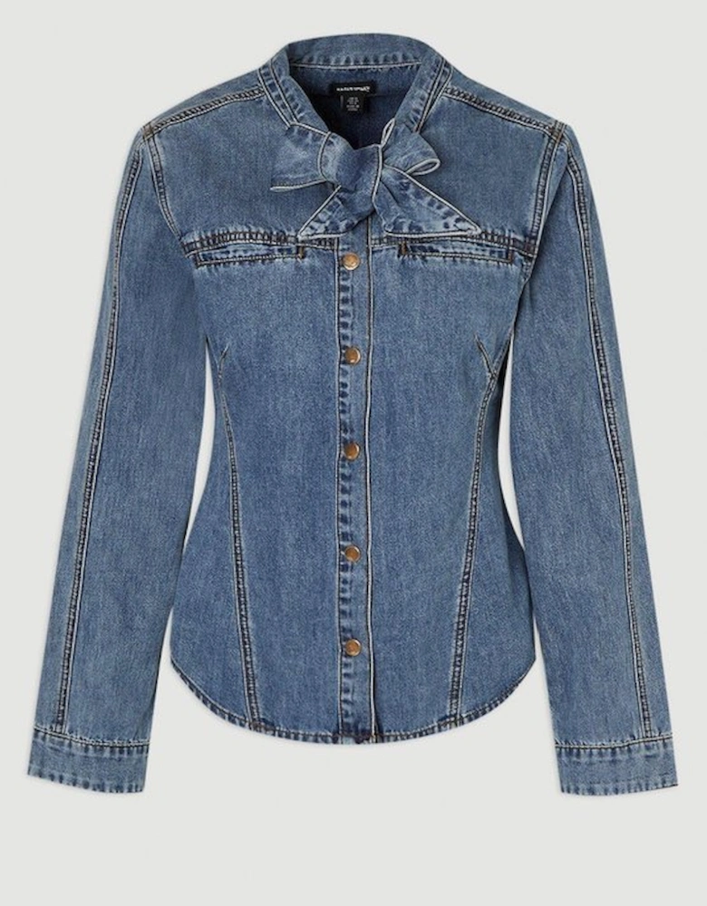 Plus Size Denim Pussy Bow Blouse