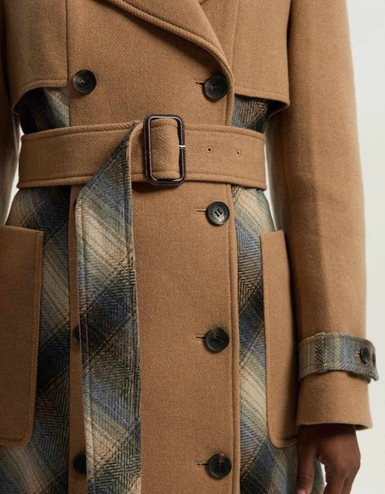 Wool Check Tailored Belted Trench Midi Coat