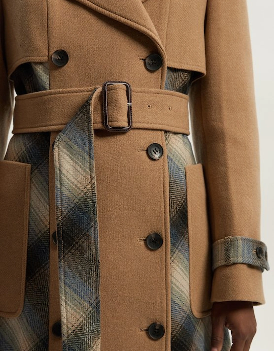 Wool Check Tailored Belted Trench Midi Coat
