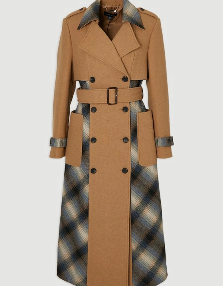 Wool Check Tailored Belted Trench Midi Coat
