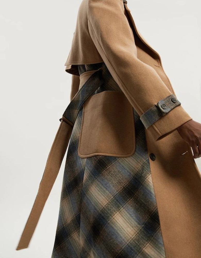 Wool Check Tailored Belted Trench Midi Coat
