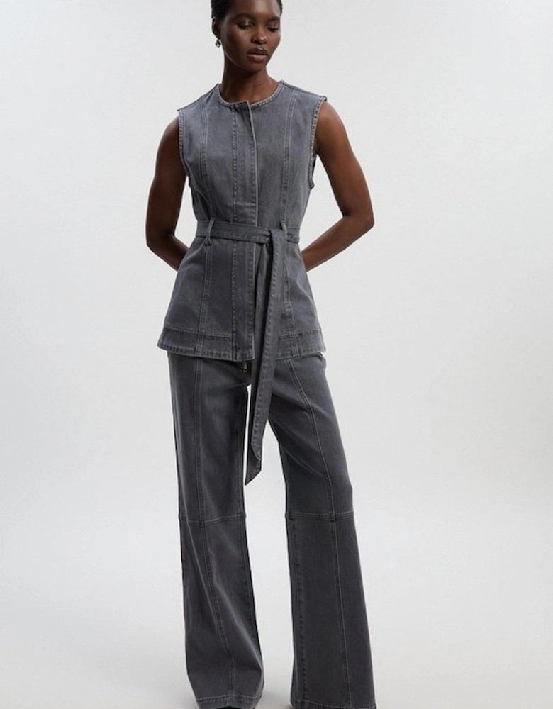 Denim Button Front Straight Leg Trousers