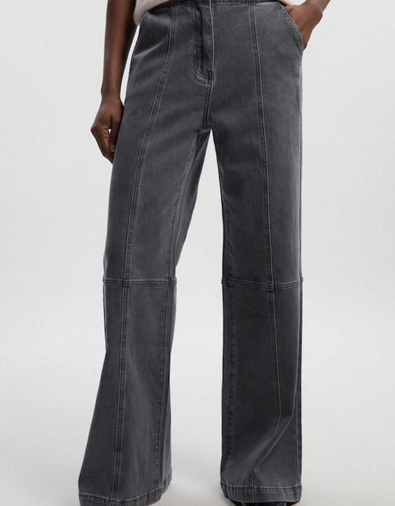 Denim Button Front Straight Leg Trousers
