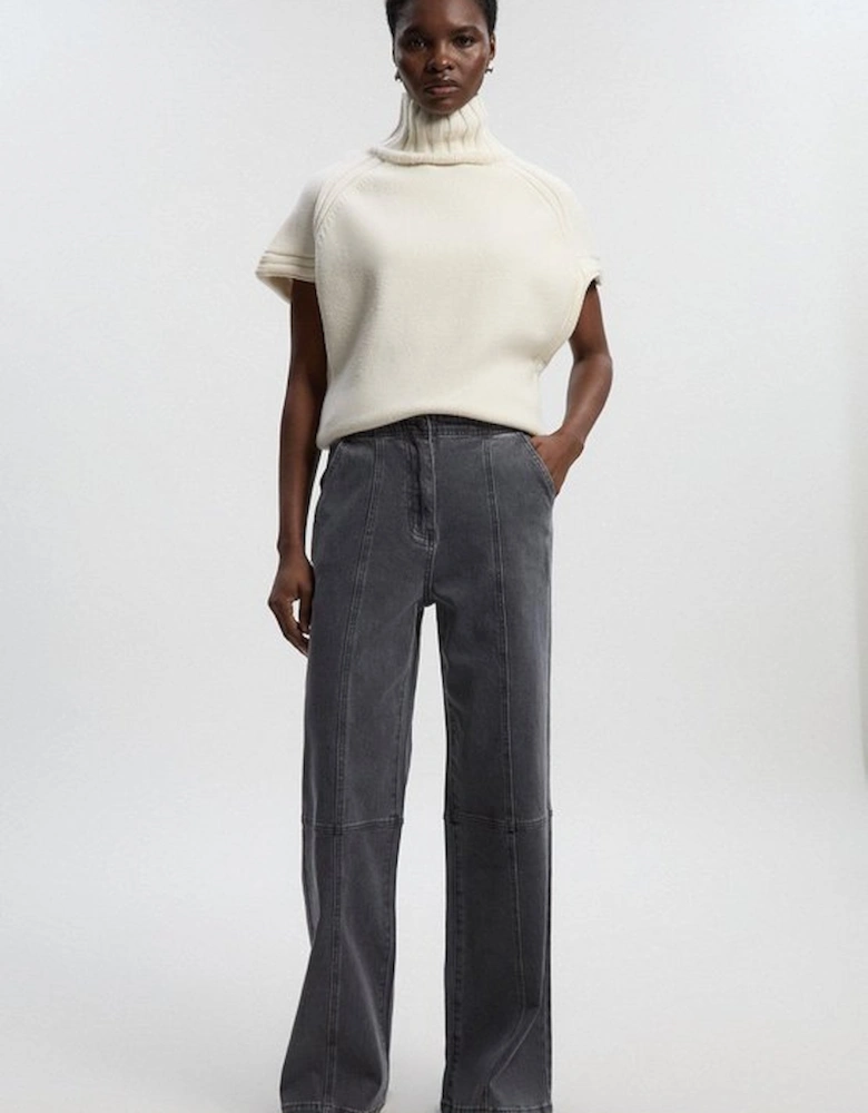 Denim Button Front Straight Leg Trousers