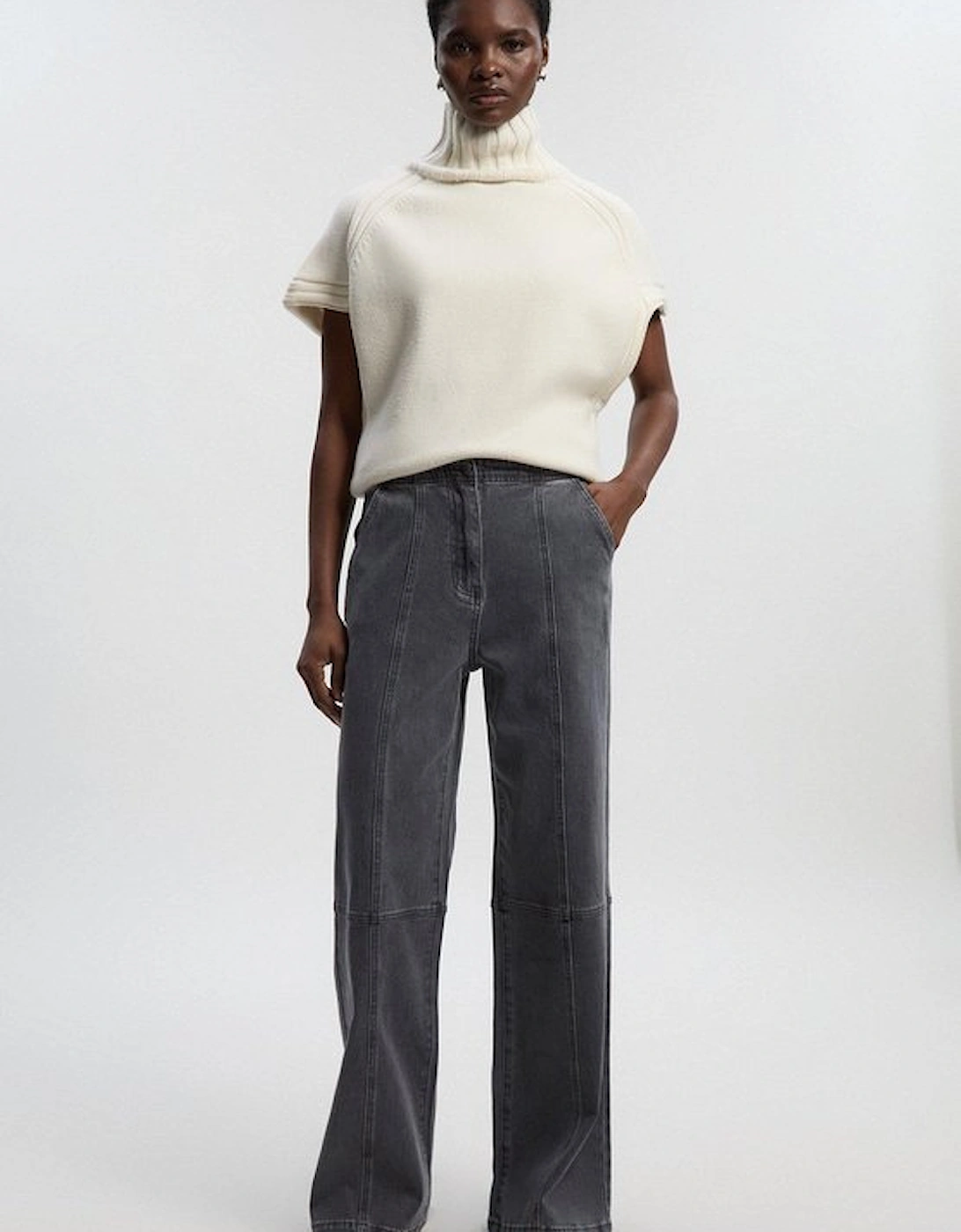 Denim Button Front Straight Leg Trousers, 5 of 4