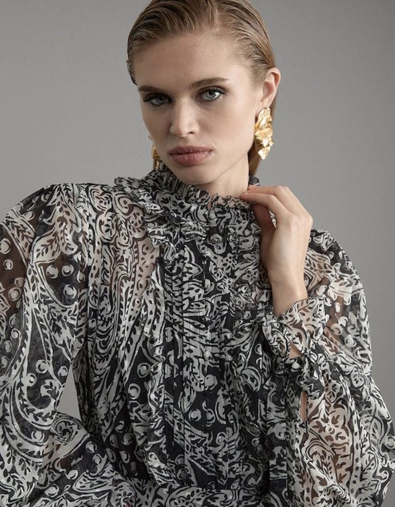 Paisley Crinkle Pleat Georgette Woven Midi Dress
