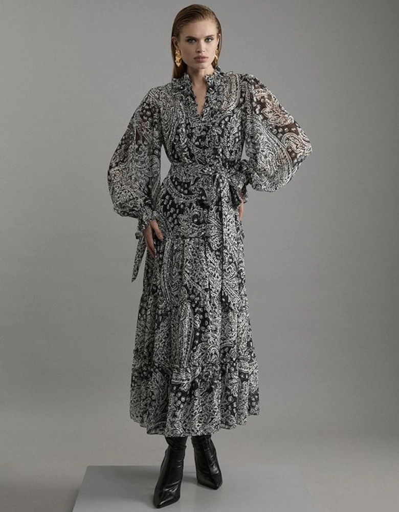 Paisley Crinkle Pleat Georgette Woven Midi Dress