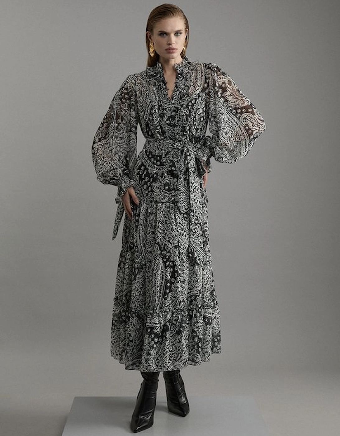 Paisley Crinkle Pleat Georgette Woven Midi Dress
