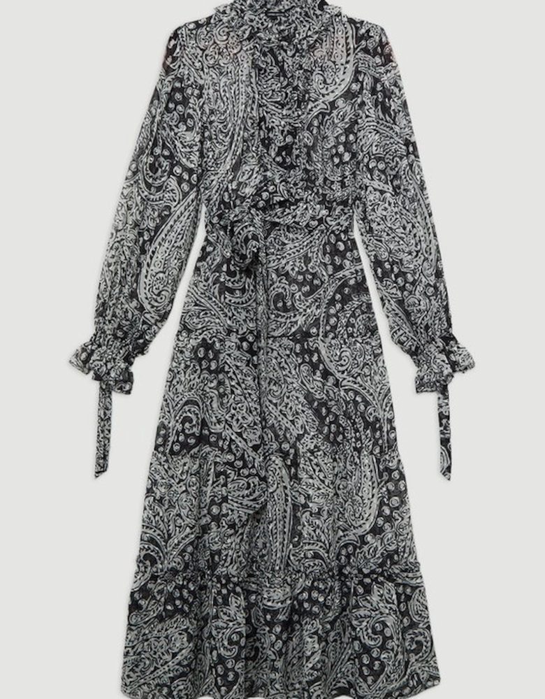 Paisley Crinkle Pleat Georgette Woven Midi Dress