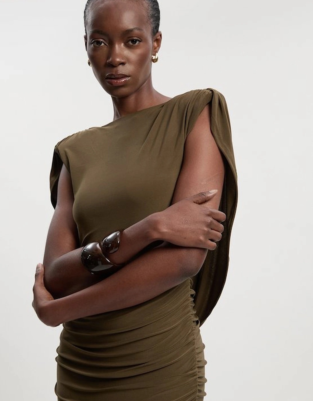 Stretch Drapey Crepe Ruched Plunge Back Detail Midi Dress