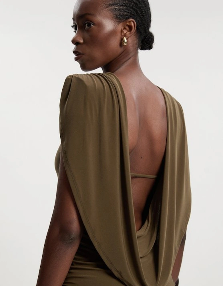 Stretch Drapey Crepe Ruched Plunge Back Detail Midi Dress