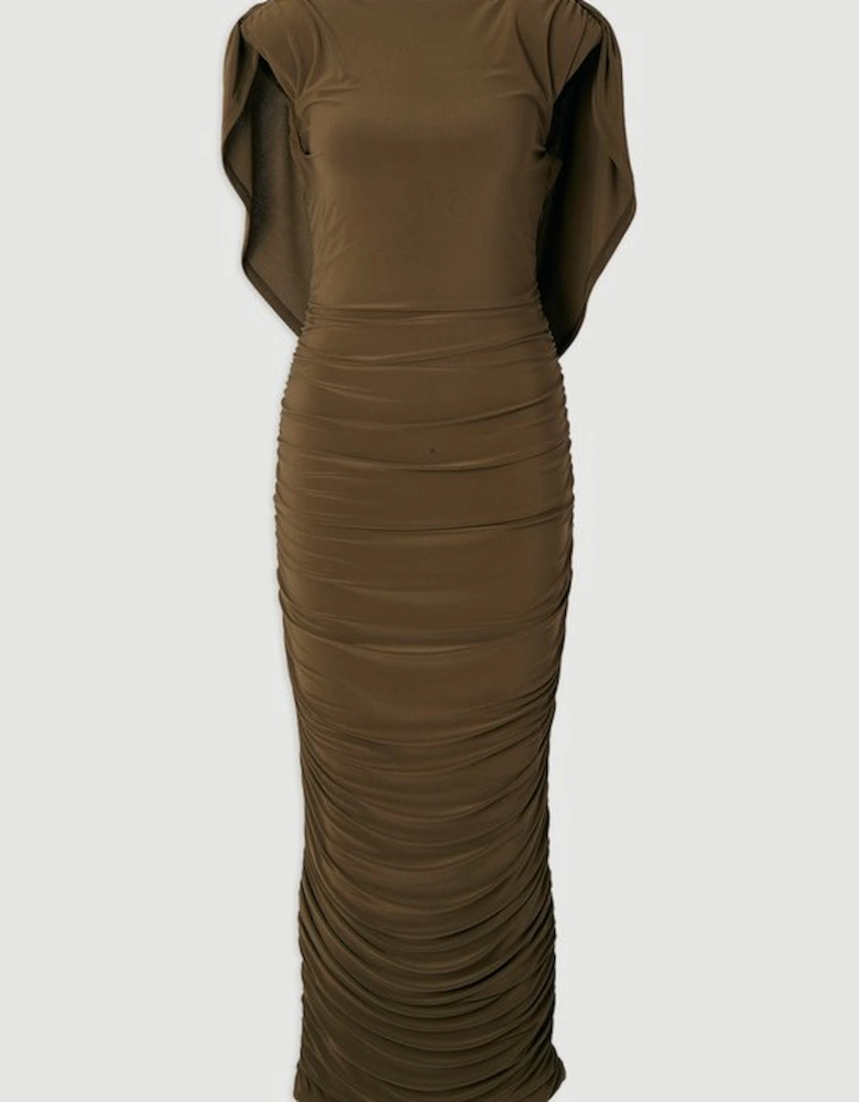 Stretch Drapey Crepe Ruched Plunge Back Detail Midi Dress