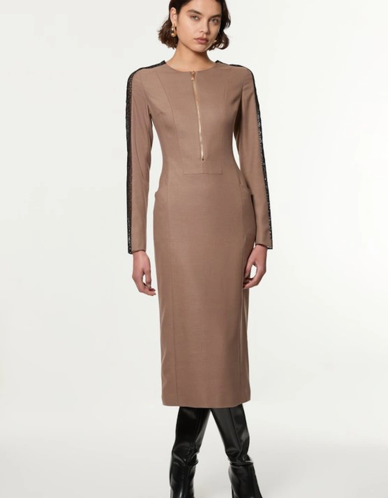 Tailored Twill Lace Mix Zip Front Midi Dress