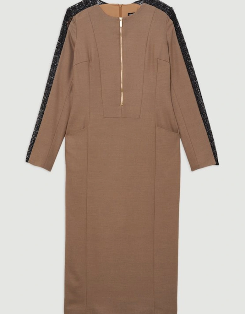 Tailored Twill Lace Mix Zip Front Midi Dress