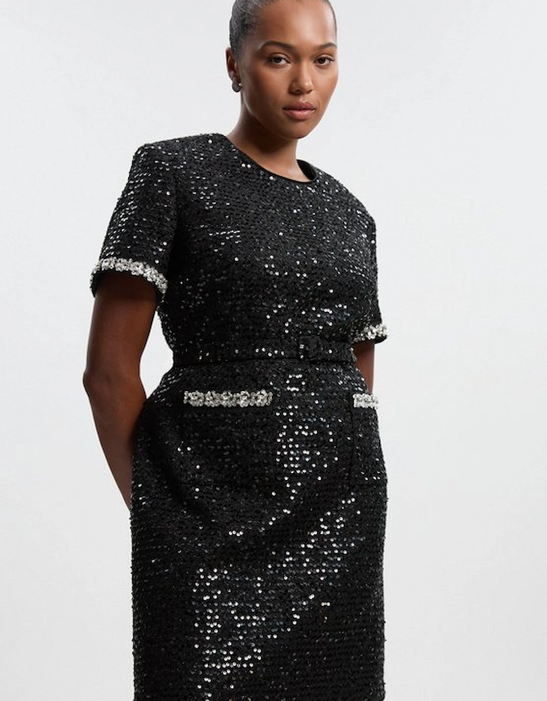 Plus Size Tailored Sequin Tweed Tie Bow Neck Embellished Mini Dress