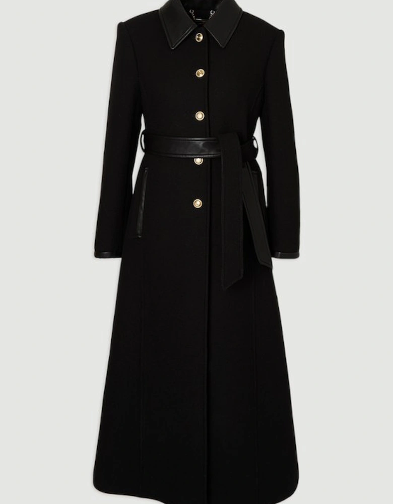 Wool Pu Mix Belted Tailored Maxi Coat