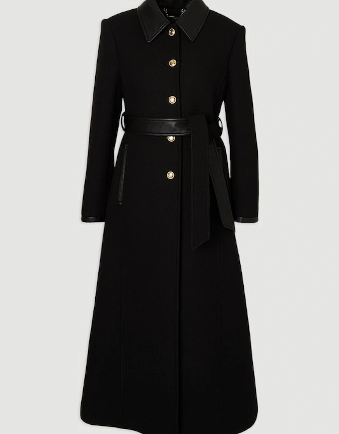 Wool Pu Mix Belted Tailored Maxi Coat