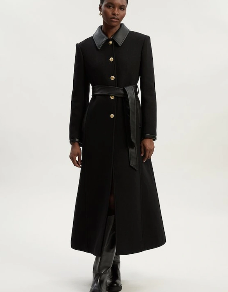 Wool Pu Mix Belted Tailored Maxi Coat