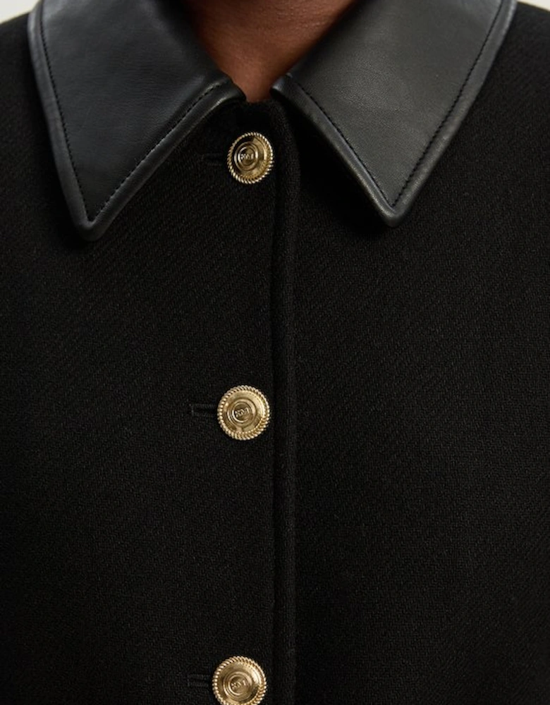 Wool Pu Mix Belted Tailored Maxi Coat