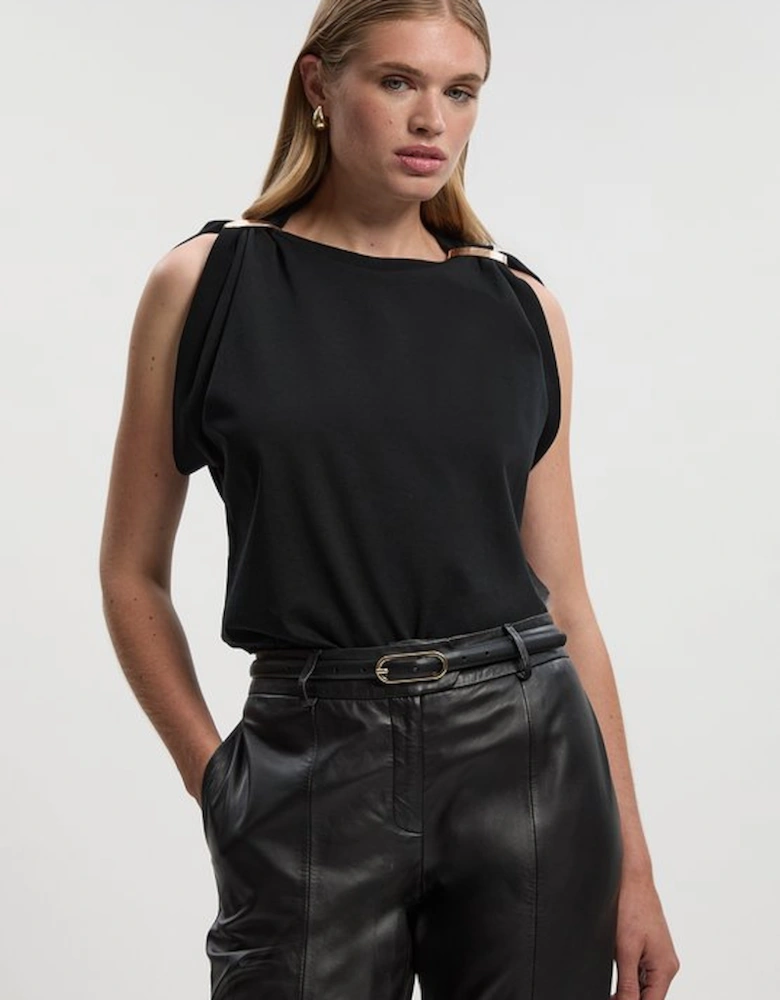 Cotton Trim Detail Short Sleeve Ruched Tshirt