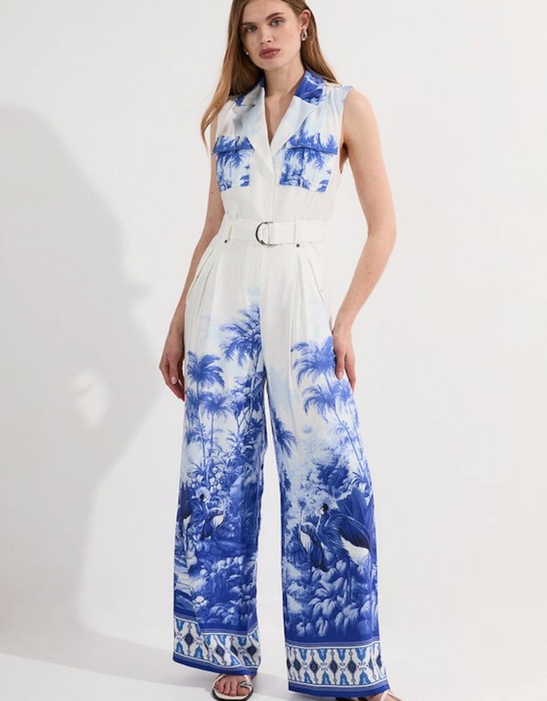 Viscose Linen Scenic Print With Top Stitch Belted Woven Jumpsuit