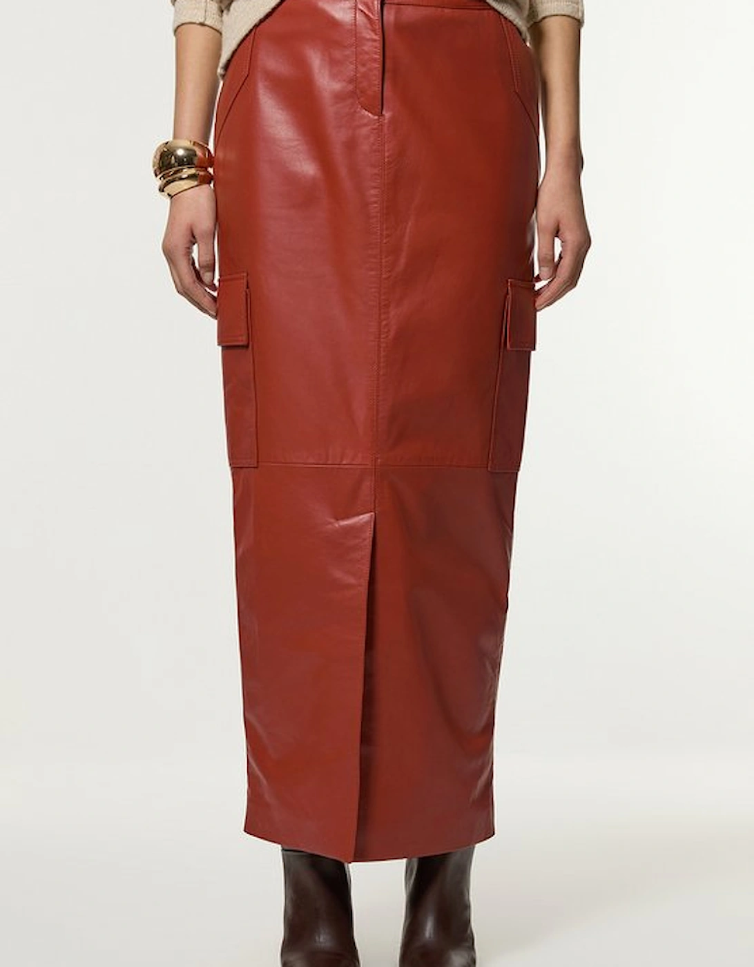 Leather Cargo Pocket Maxi Tailored Skirt