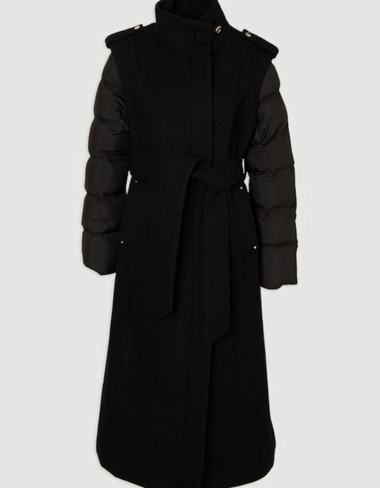 Wool Hybrid Puffer High Neck Belted Midi Coat