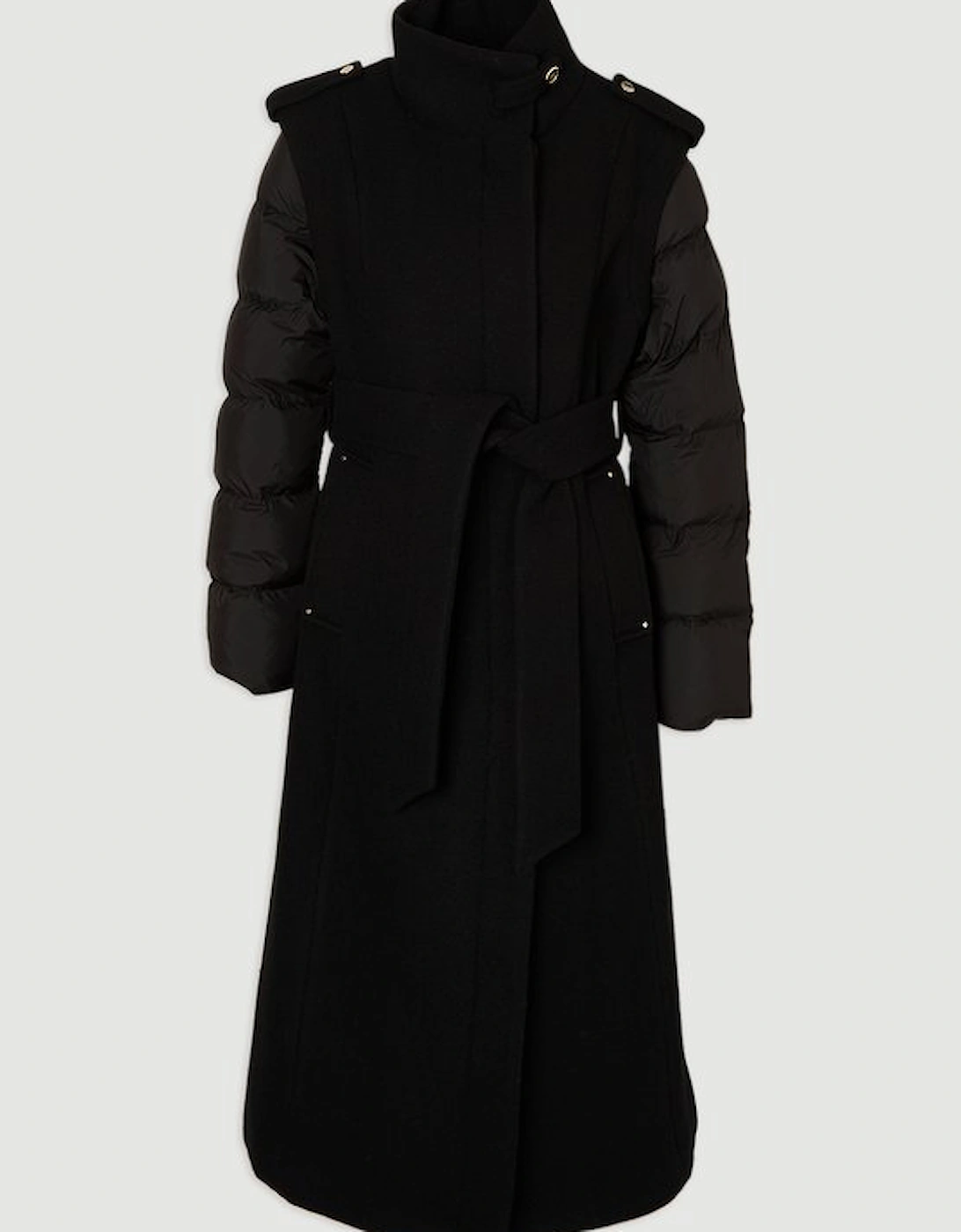 Wool Hybrid Puffer High Neck Belted Midi Coat