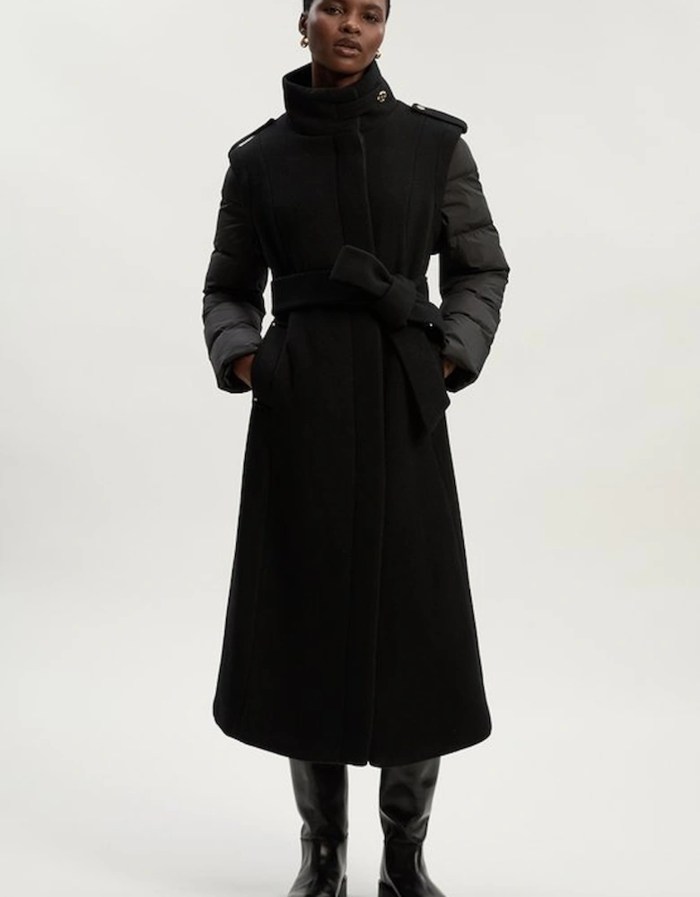 Wool Hybrid Puffer High Neck Belted Midi Coat