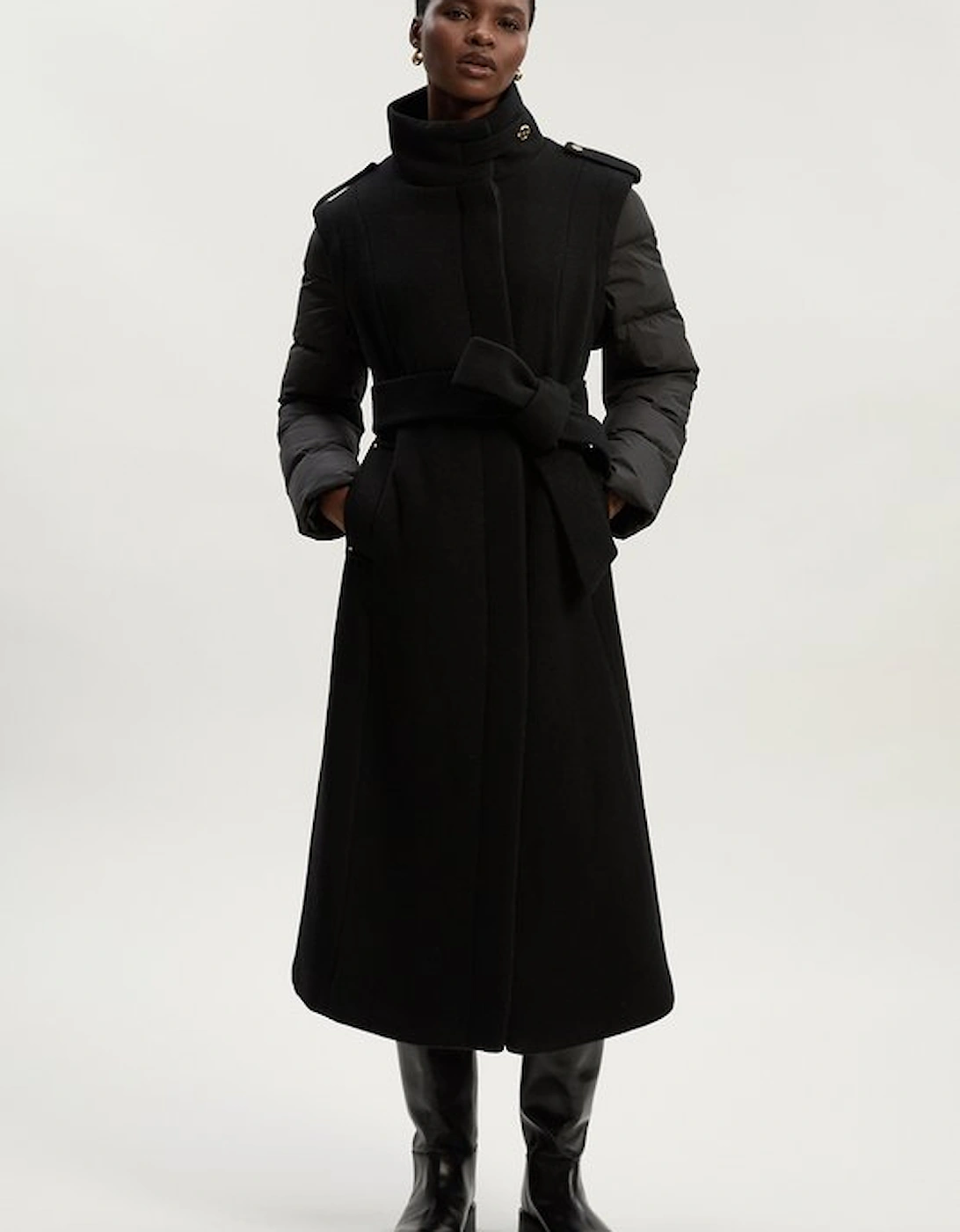 Wool Hybrid Puffer High Neck Belted Midi Coat, 5 of 4