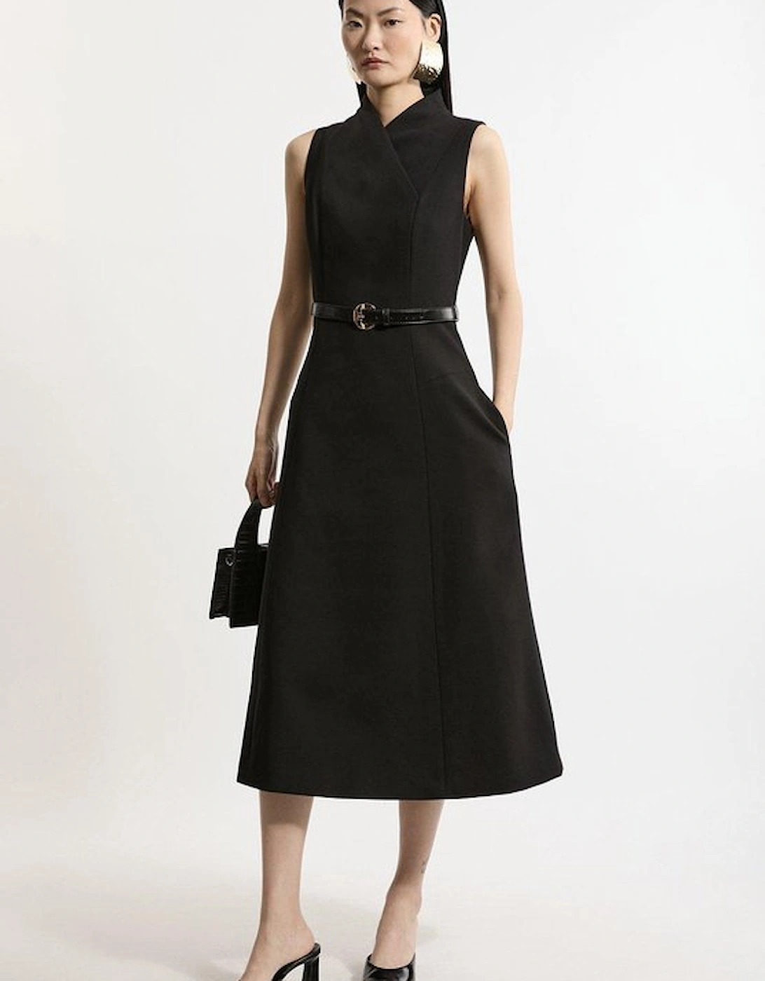 Compact Stretch Wrap Neck Tailored Midi Dress, 2 of 1