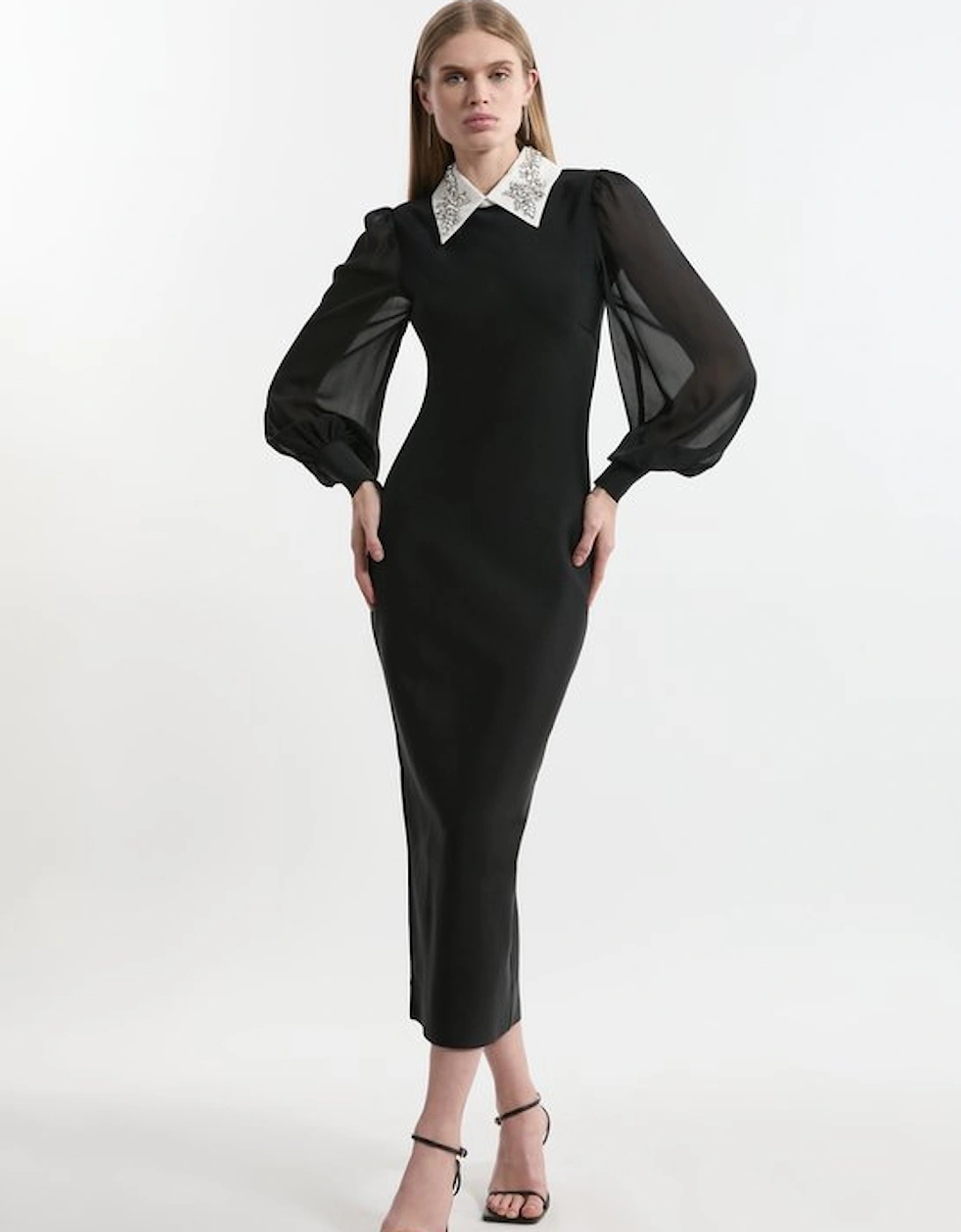 Bandage Collared Knitted Midi Dress With Sheer Sleeve, 5 of 4