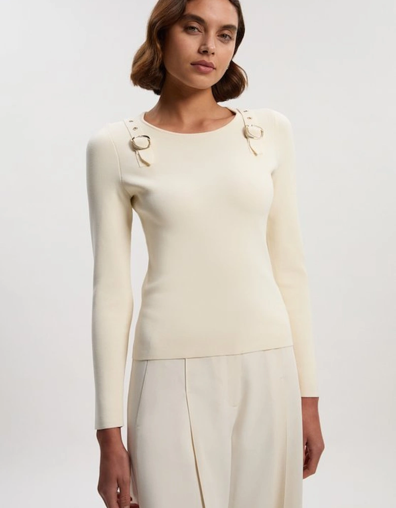 Buckle Trim Long Sleeve Knitted Top