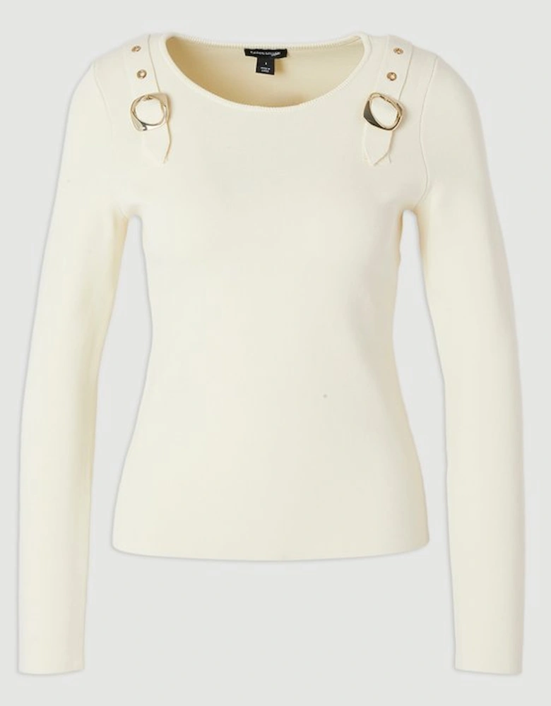 Buckle Trim Long Sleeve Knitted Top