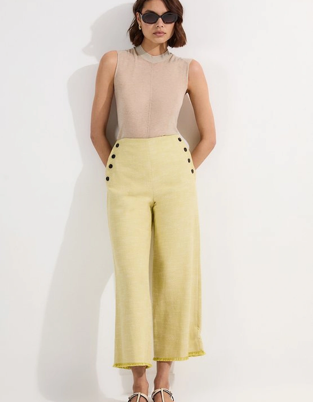 Spring Tweed Tailored Button Detail Cropped Wide Leg Trouser, 5 of 4