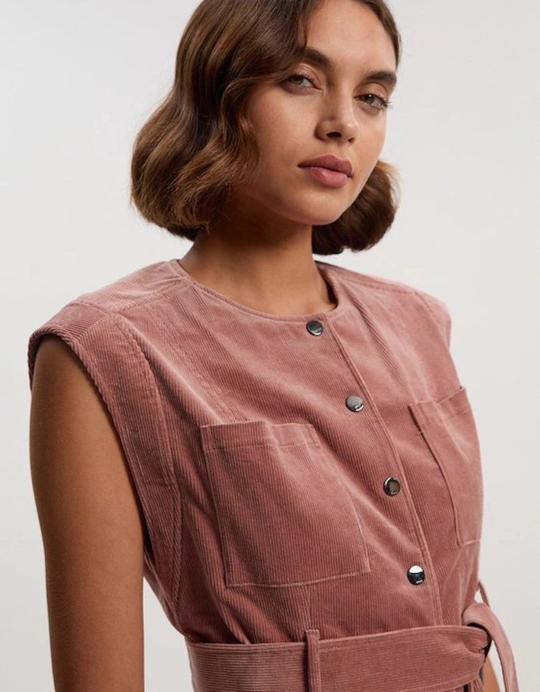 Stretch Cord Belted Sleeveless Jacket