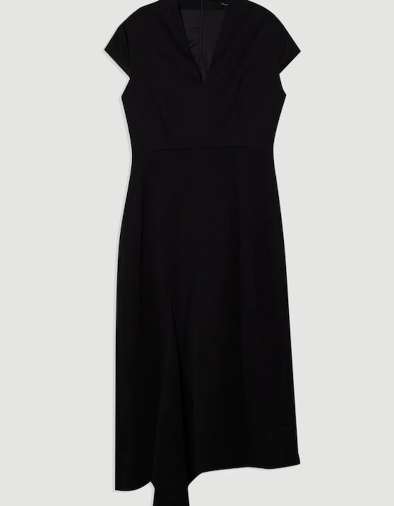 Petite Premium Ponte V Neck Asymmetric Front Tailored Midi Dress