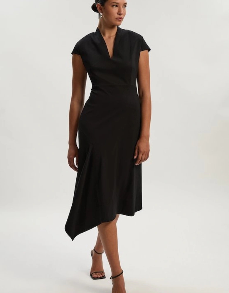 Premium Ponte V Neck Asymmetric Front Tailored Midi Dress