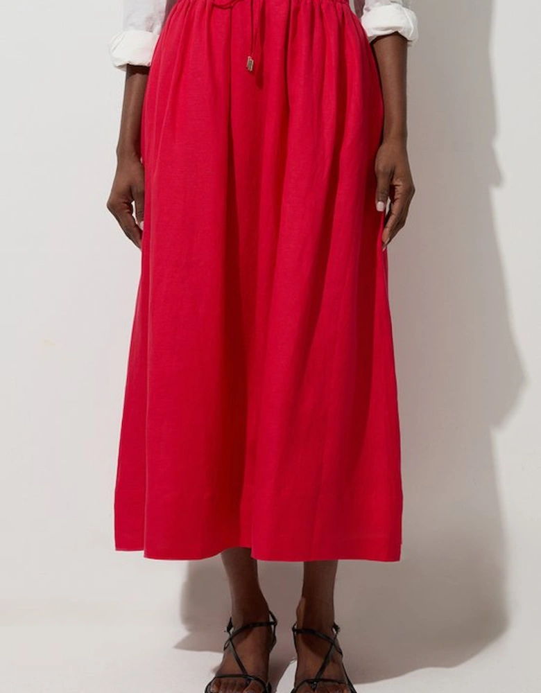 Viscose Linen Tie Waist Woven Full Midi Skirt