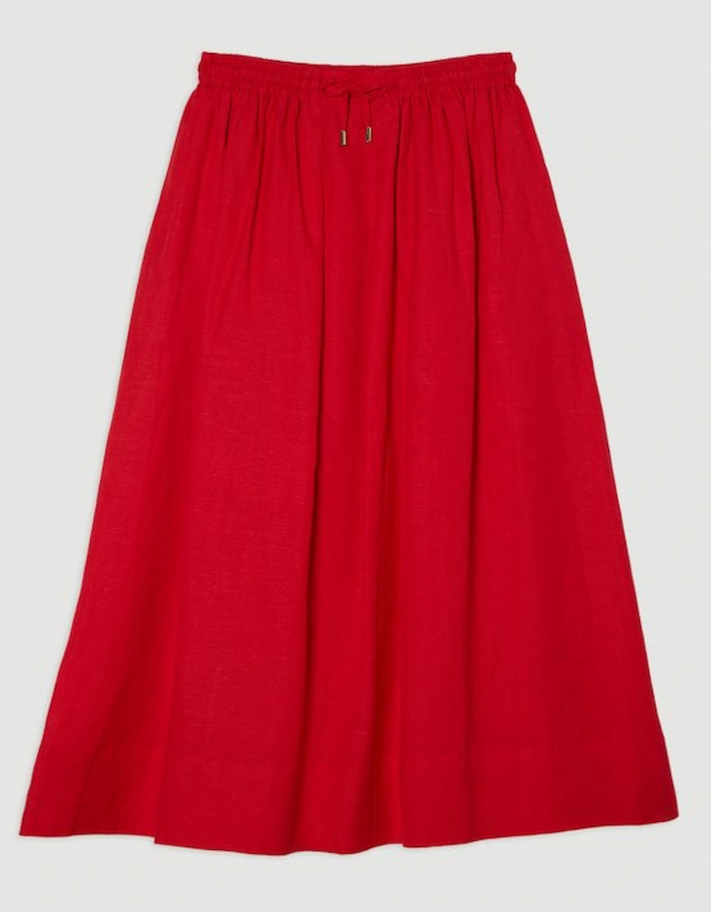 Viscose Linen Tie Waist Woven Full Midi Skirt