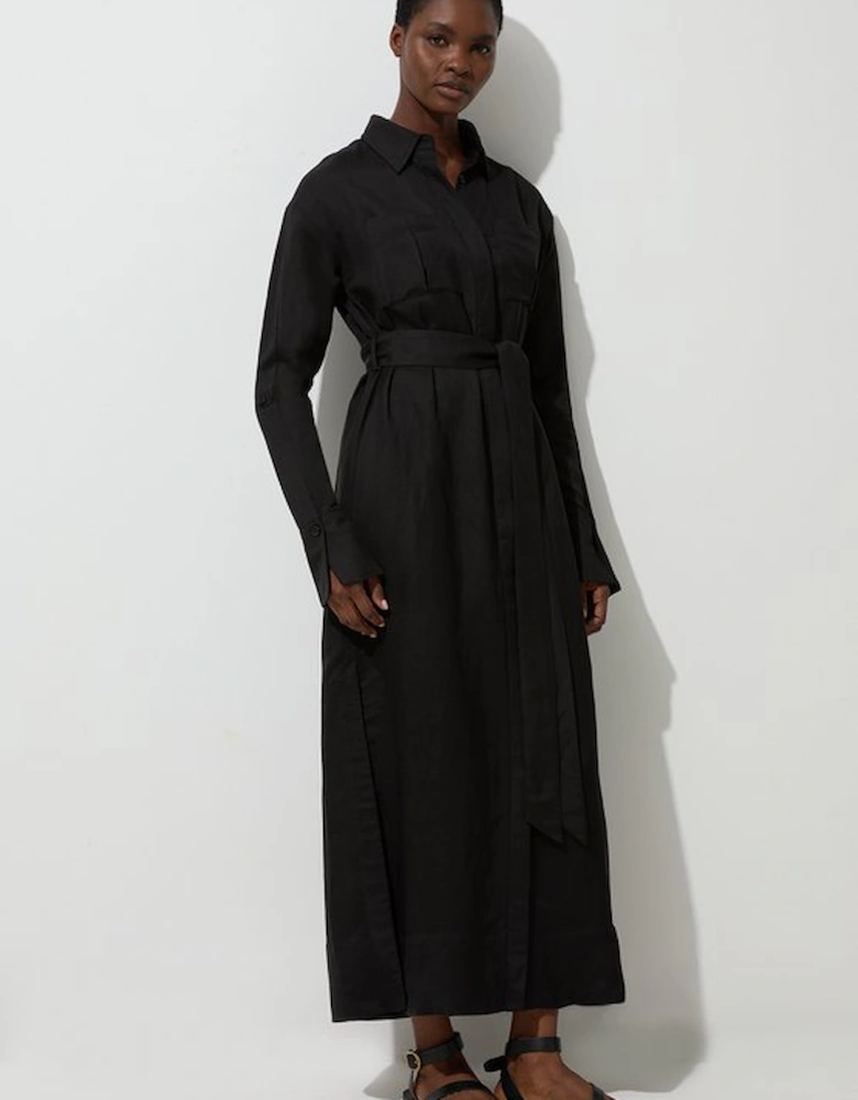 Viscose Linen Woven Belted Shirt Dress