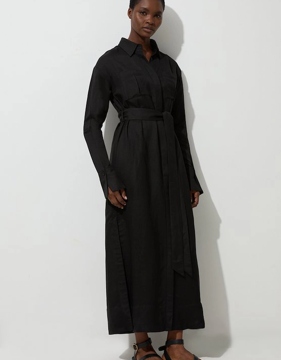 Viscose Linen Woven Belted Shirt Dress