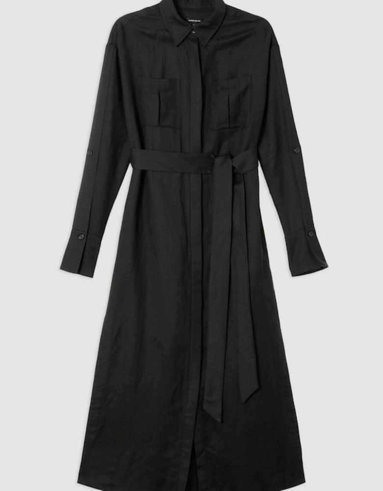 Viscose Linen Woven Belted Shirt Dress