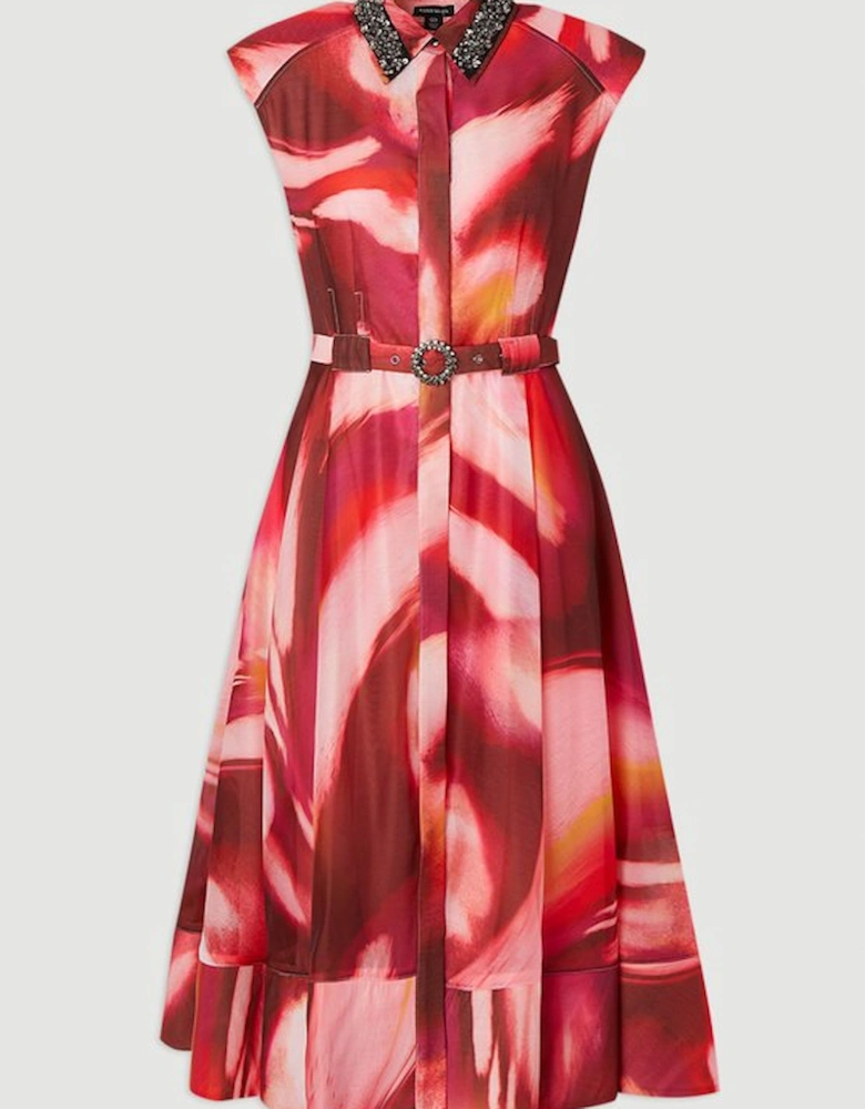 Marble Organdie Shirt Dress With Crystal Embellished Belt