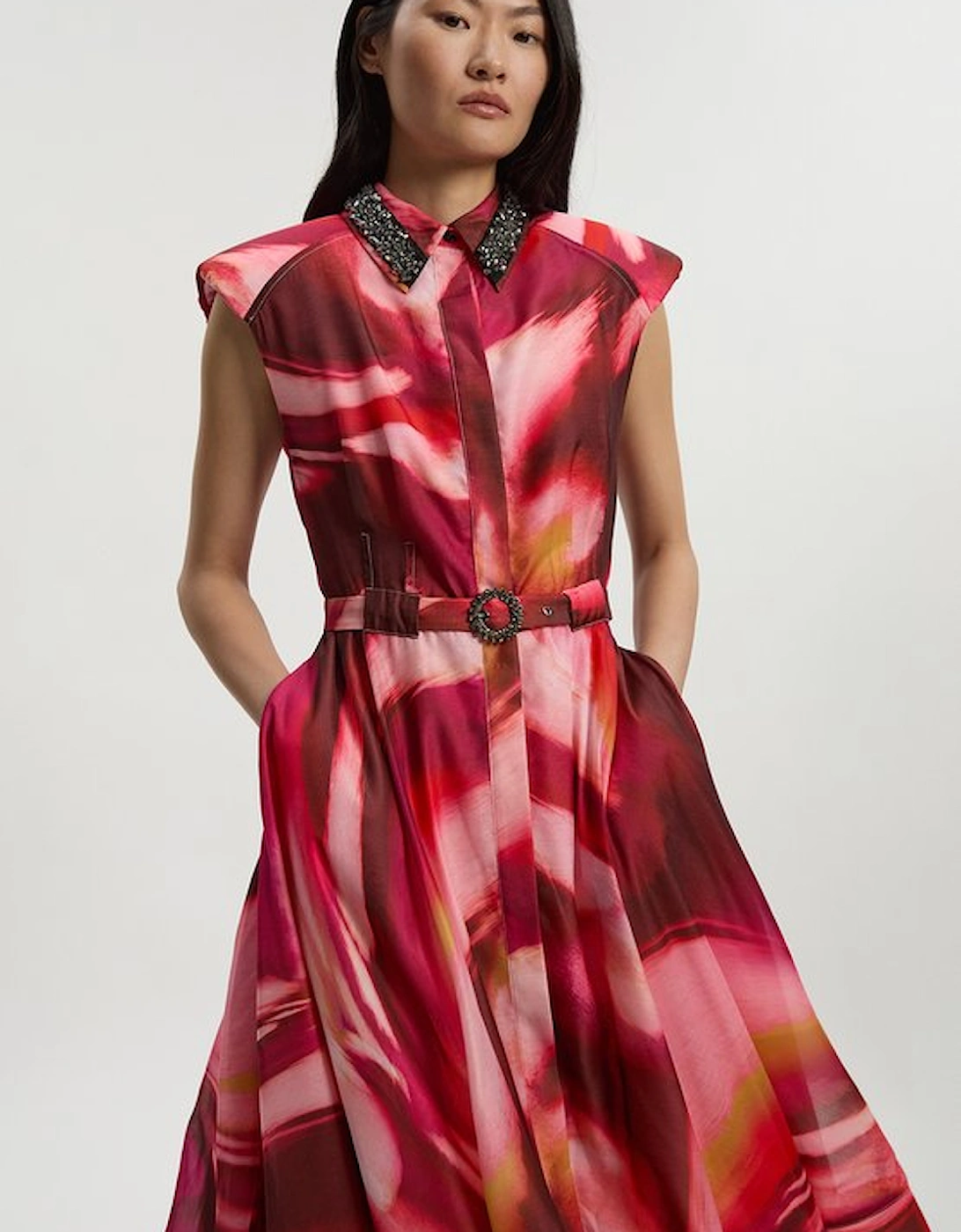 Marble Organdie Shirt Dress With Crystal Embellished Belt