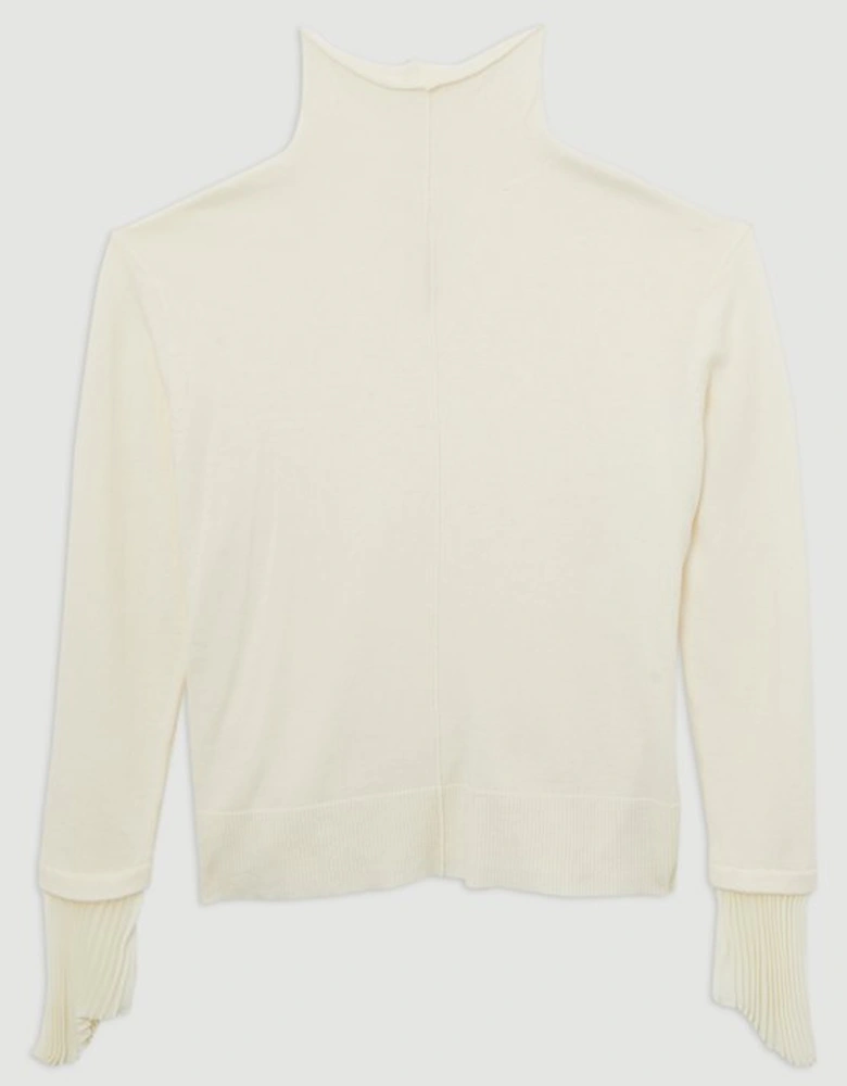Wool and Alpaca Blend Knit Top With Pleated Silk Woven Cuffs